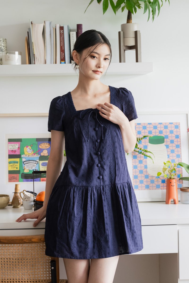 Delia Embroidery Ribbon Buttons Dress In Navy(S)