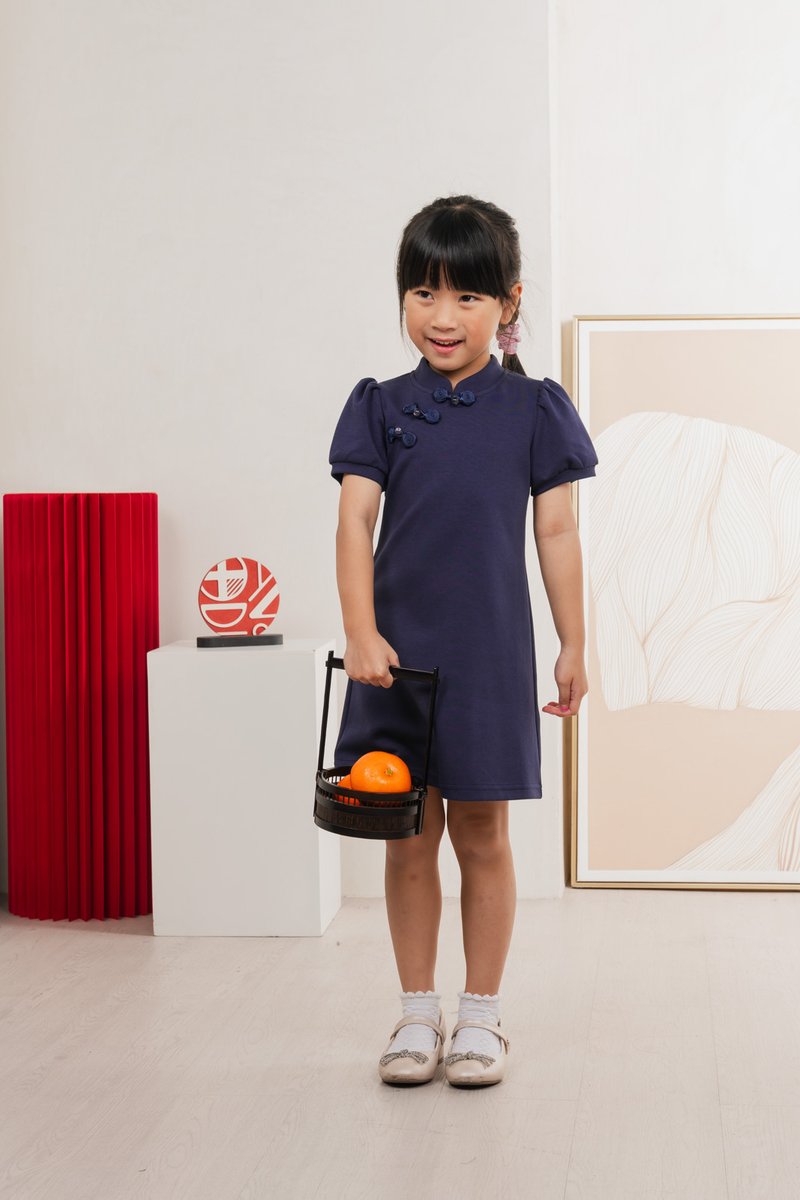 Huan Kids Cotton Cheongsam Dress In Navy