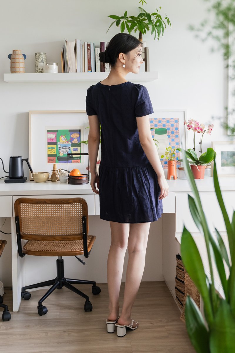 Delia Embroidery Ribbon Buttons Dress In Navy(S)