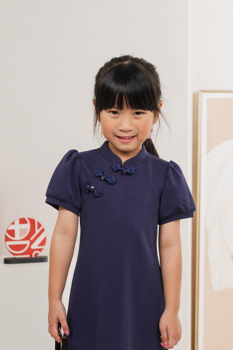 Huan Kids Cotton Cheongsam Dress In Navy