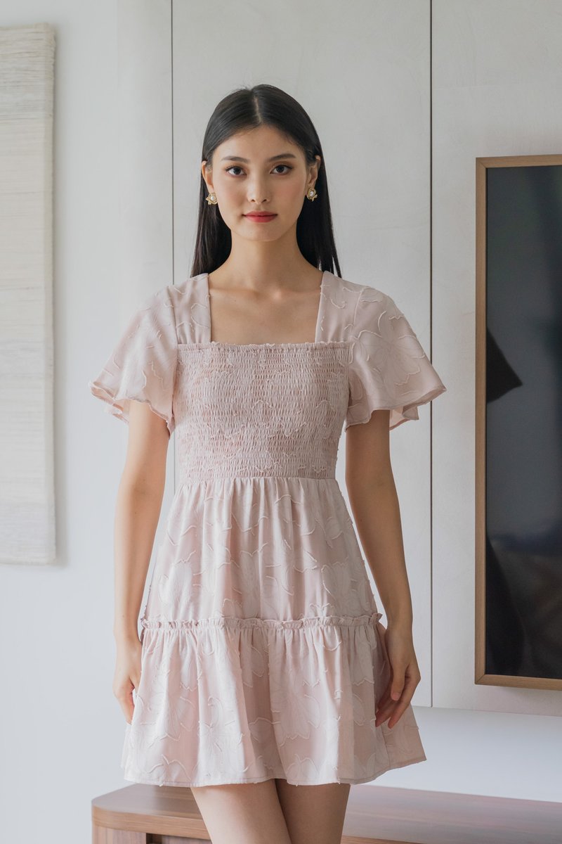 Blush Textured Smocked Dress In Misty Rose