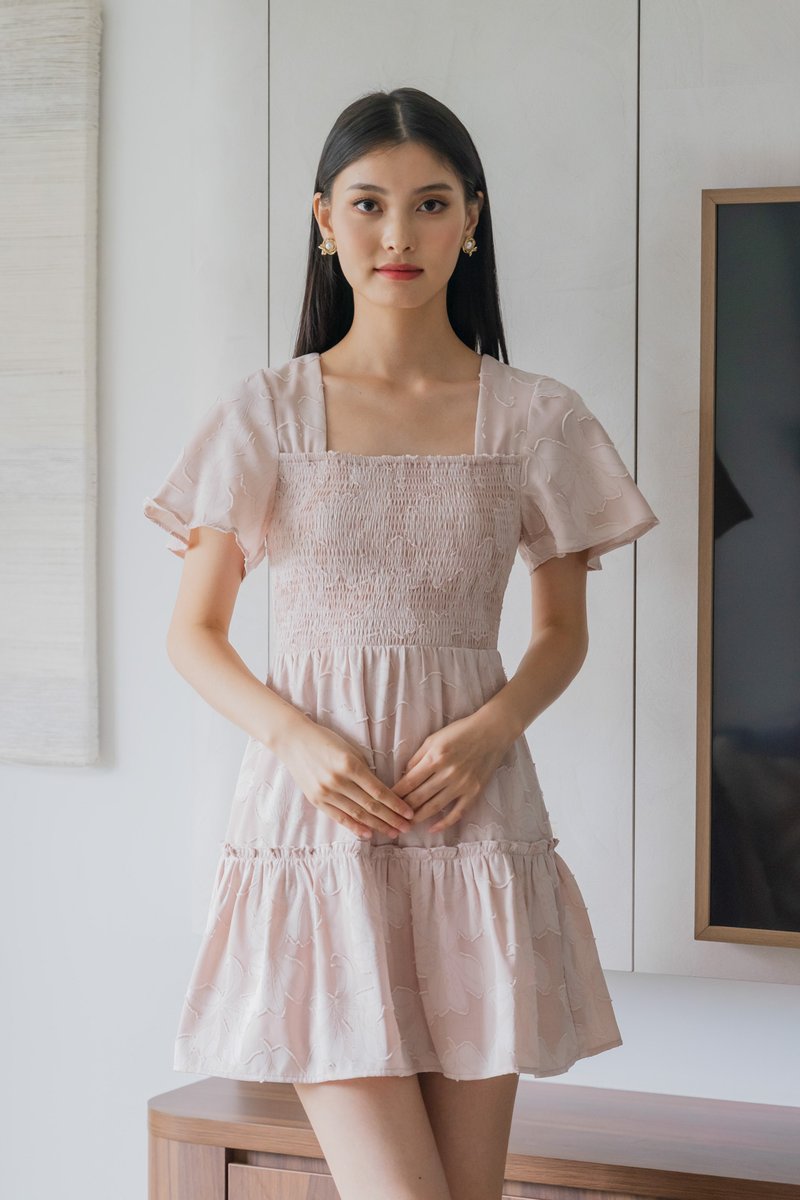 Blush Textured Smocked Dress In Misty Rose