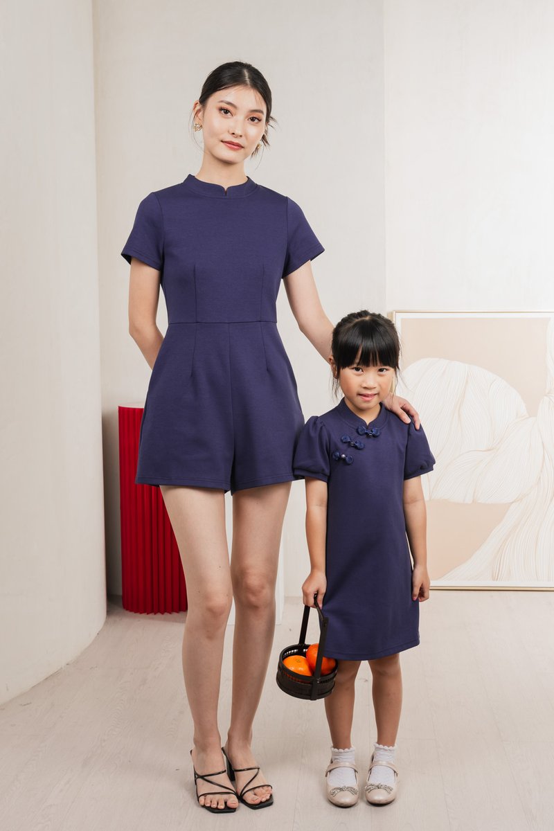 Huan Kids Cotton Cheongsam Dress In Navy