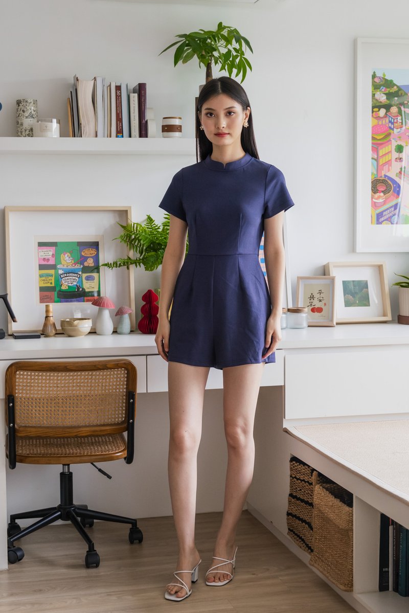 Huan Mandarin Collar Romper In Navy