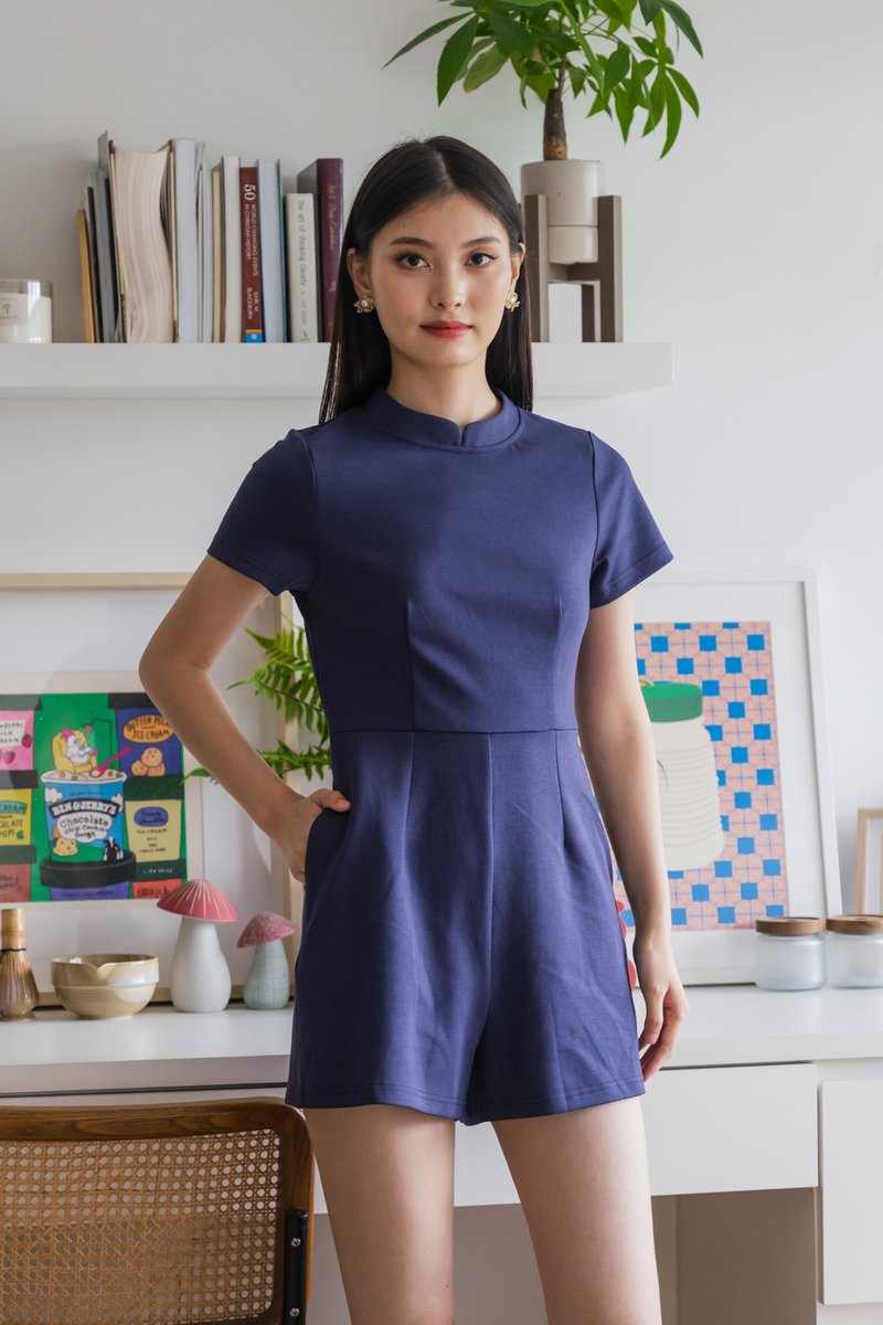 Huan Mandarin Collar Romper In Navy