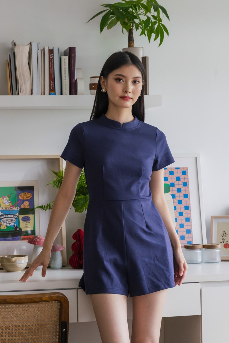 Huan Mandarin Collar Romper In Navy