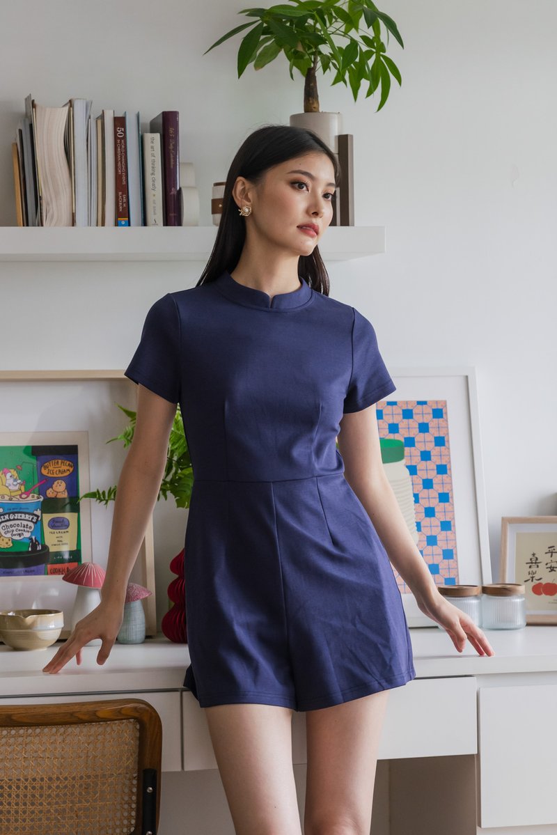 Huan Mandarin Collar Romper In Navy