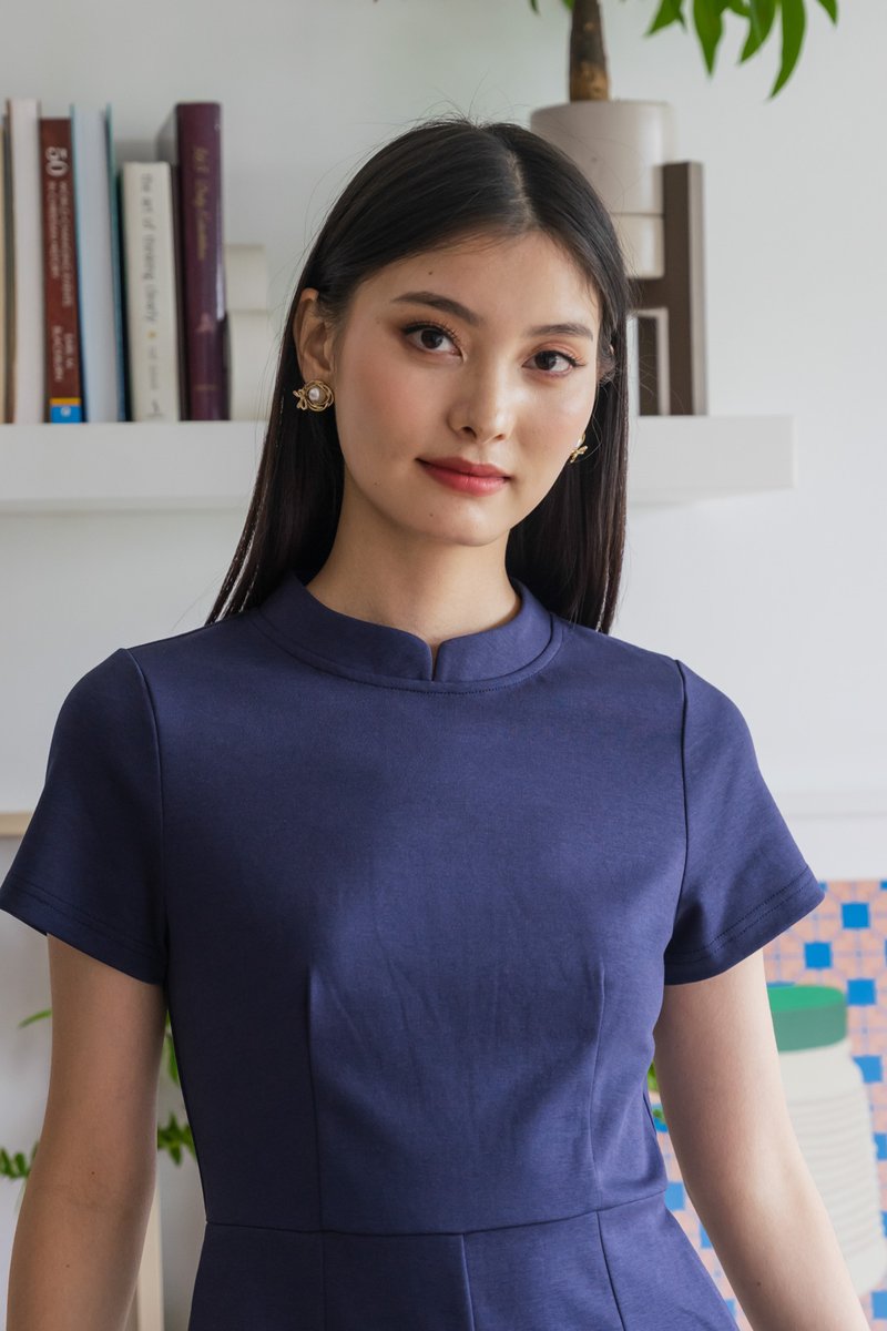Huan Mandarin Collar Romper In Navy