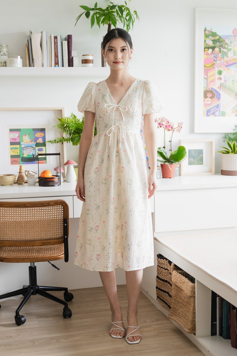 Spring Melody Eyelet Ribbon Midi Dress