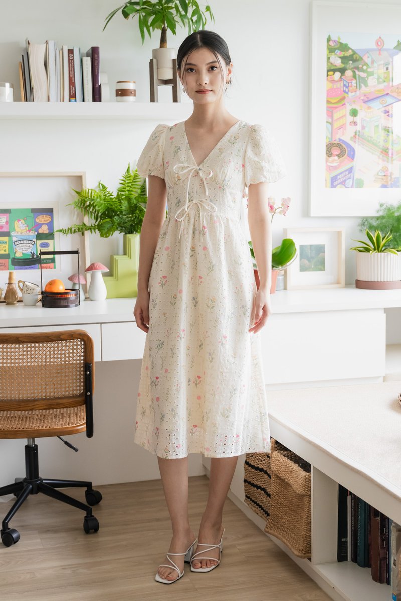 Spring Melody Eyelet Ribbon Midi Dress