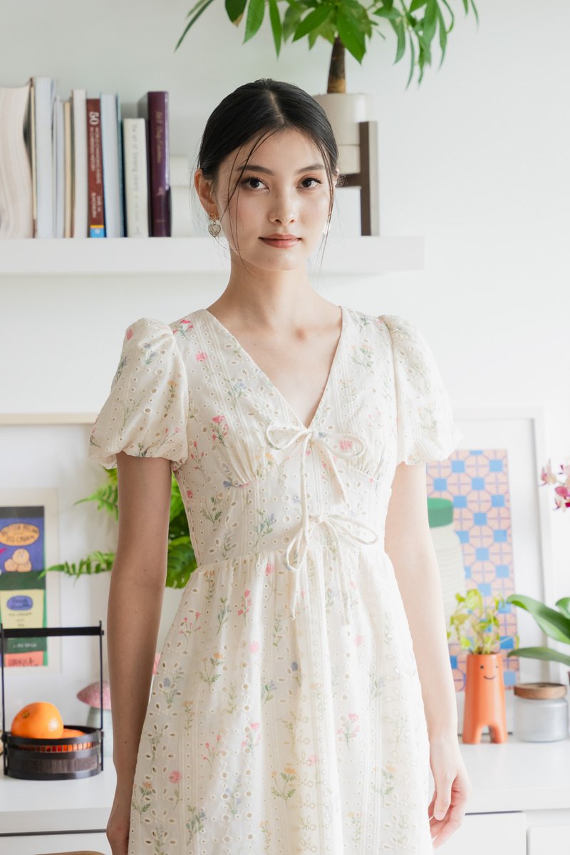 Spring Melody Eyelet Ribbon Midi Dress