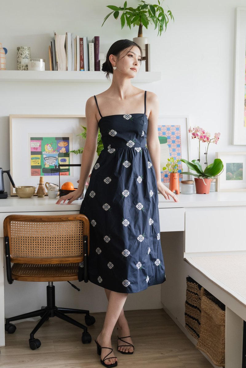 Breeze Embroidery Camisole Midi Dress In Navy