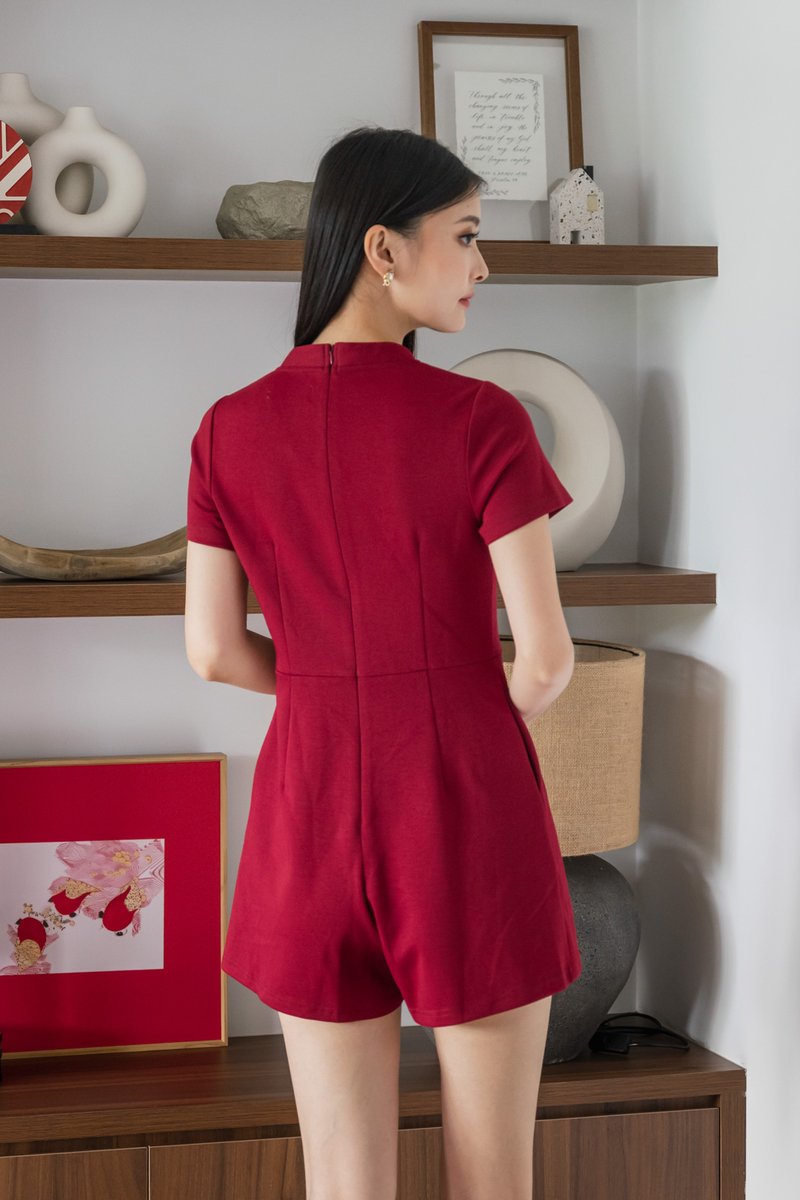 Huan Mandarin Collar Romper In Wine