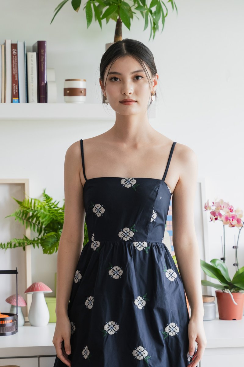 Breeze Embroidery Camisole Midi Dress In Navy