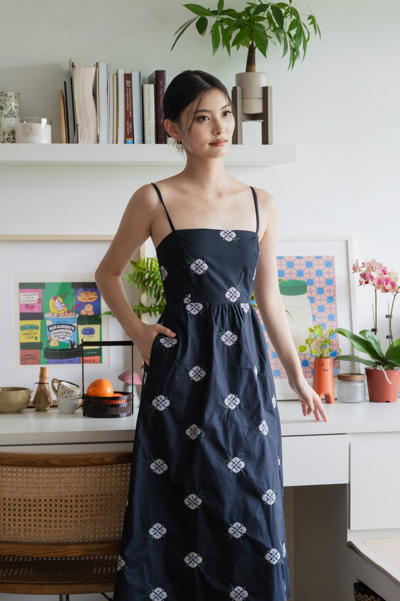 Breeze Embroidery Camisole Midi Dress In Navy