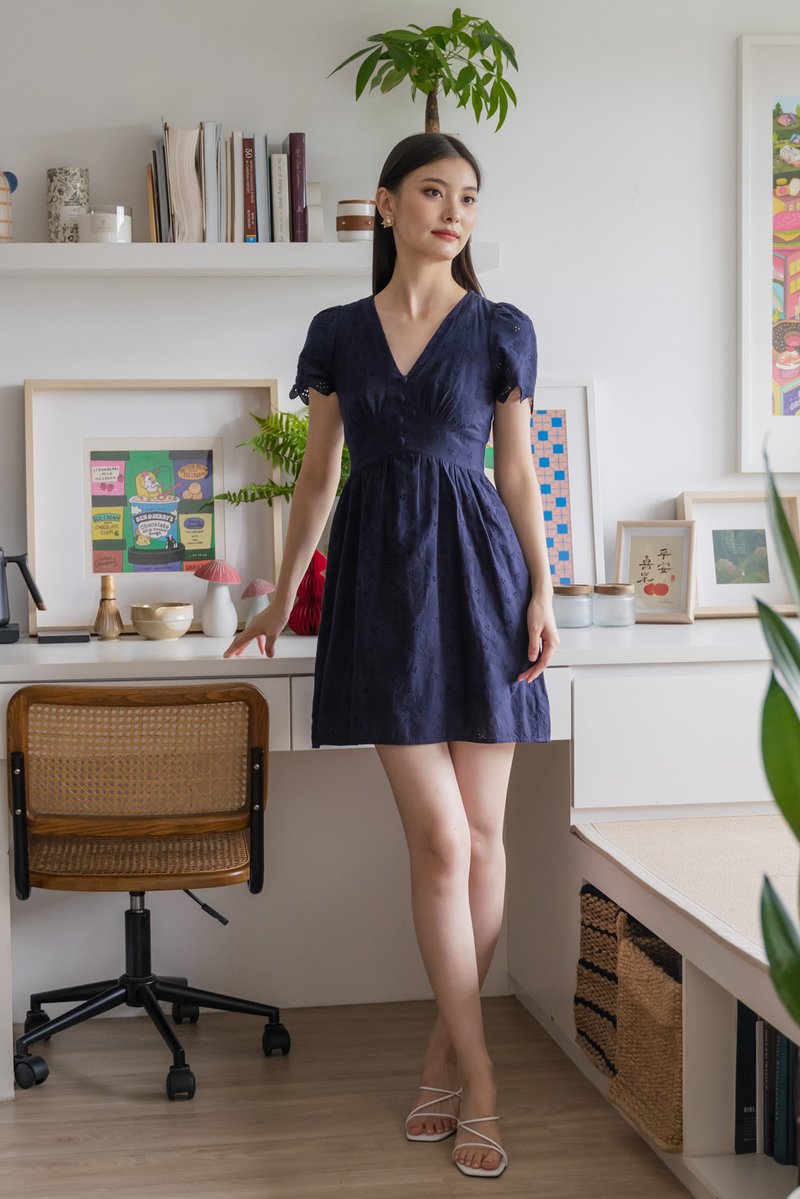 Missy Eyelet Empire Dress In Navy