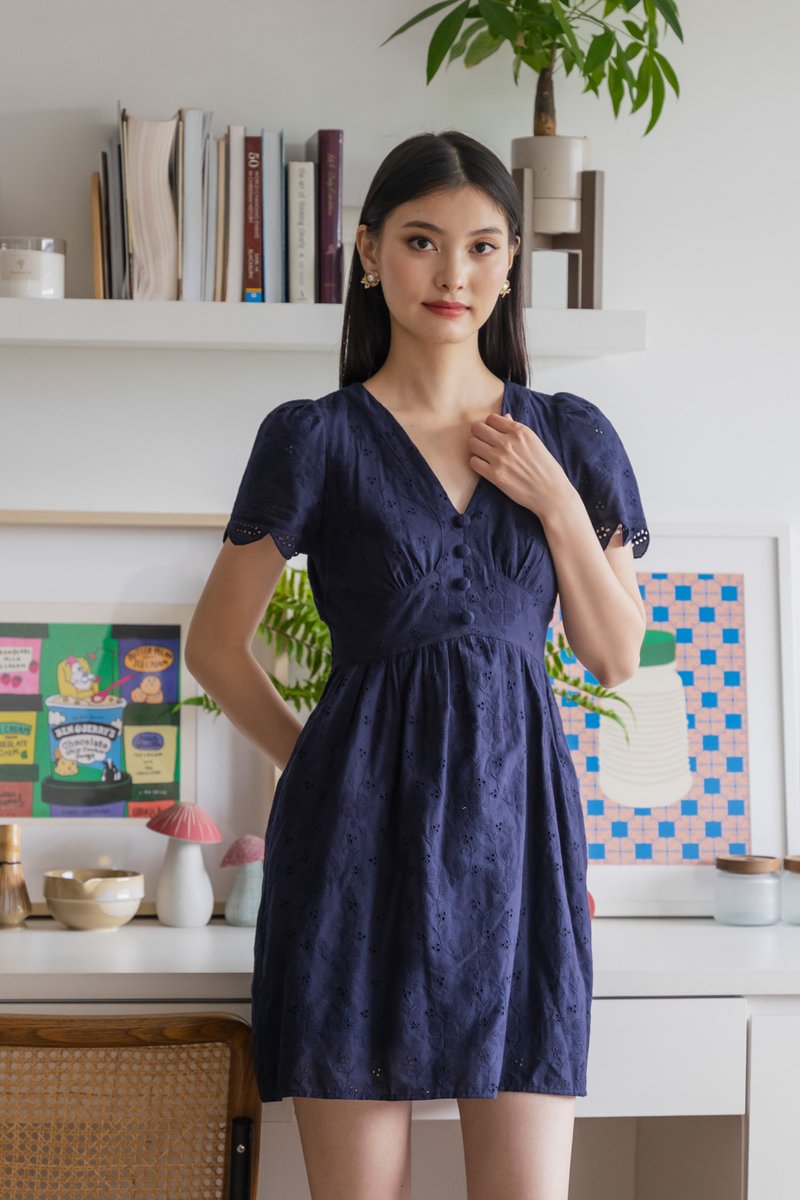 Missy Eyelet Empire Dress In Navy