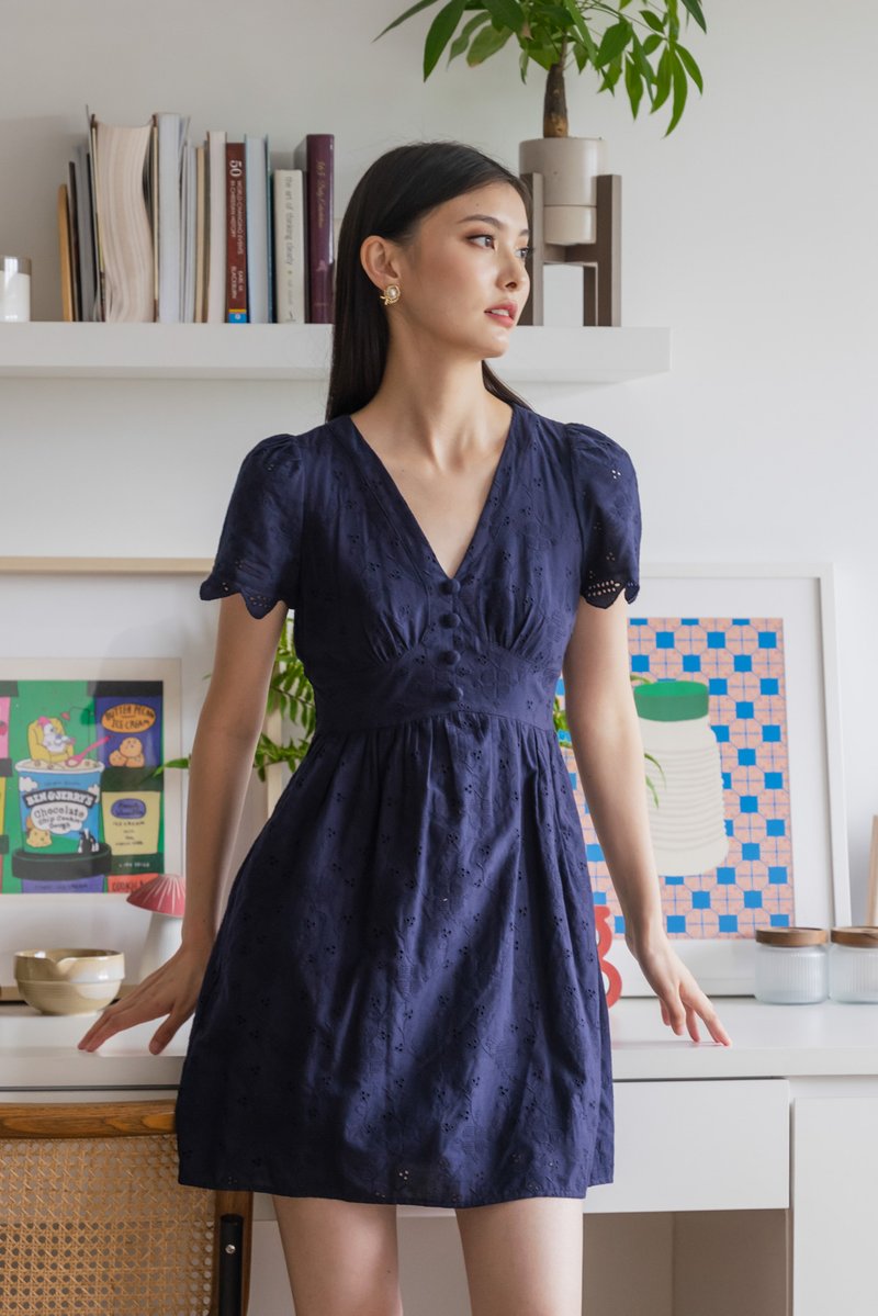 Missy Eyelet Empire Dress In Navy