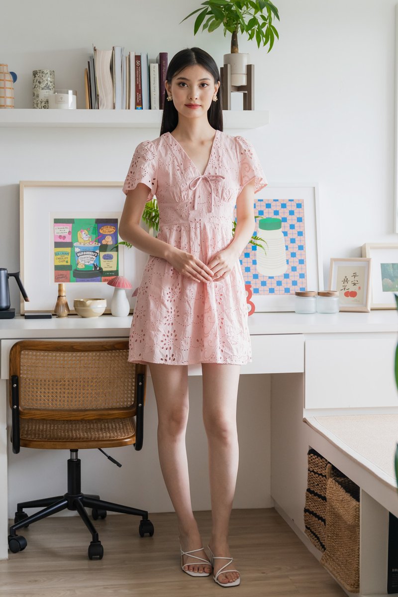 Lily Eyelet Ribbon Pleats Dress In Pink