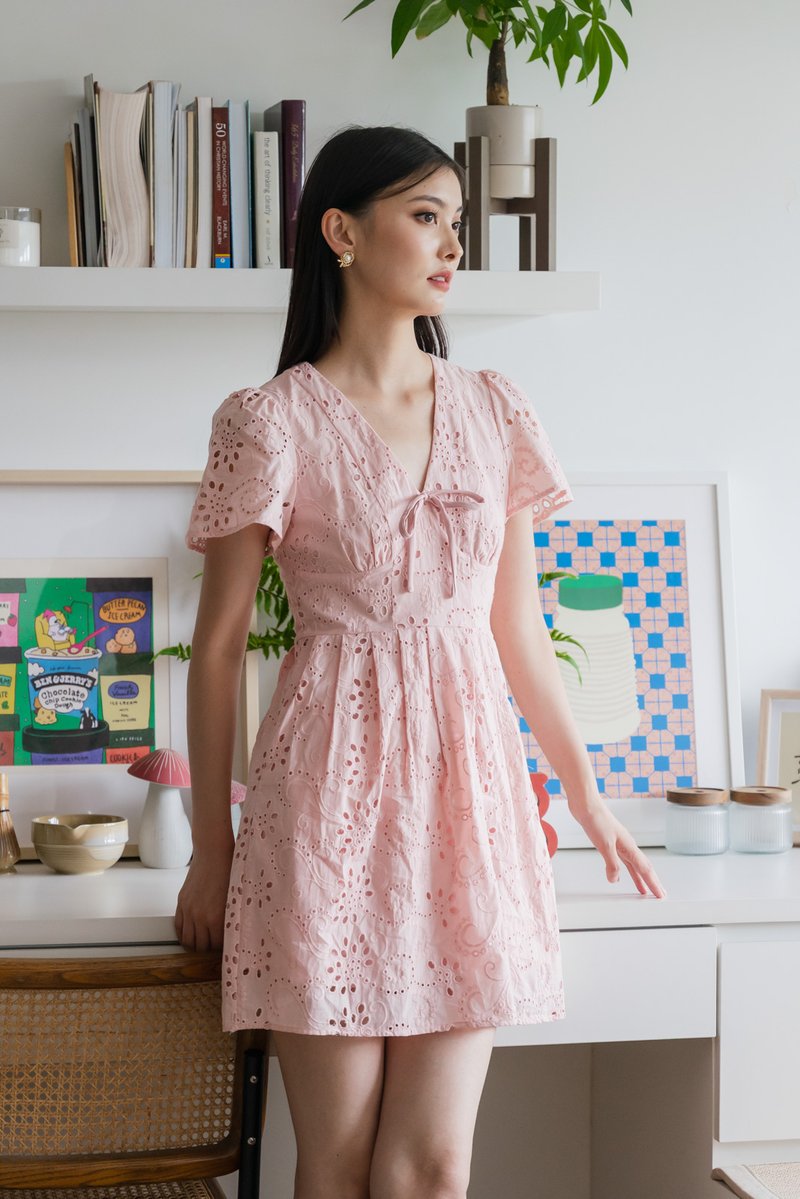 Lily Eyelet Ribbon Pleats Dress In Pink
