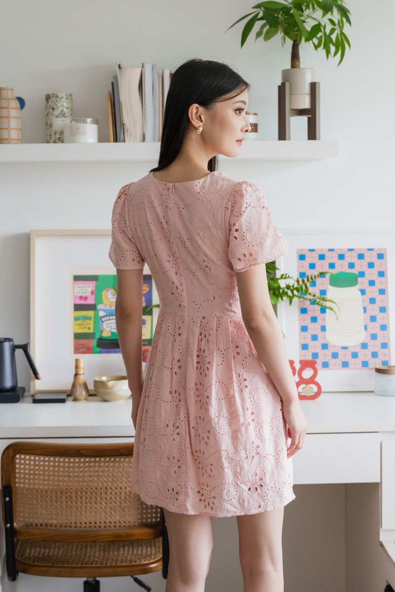 Lily Eyelet Ribbon Pleats Dress In Pink