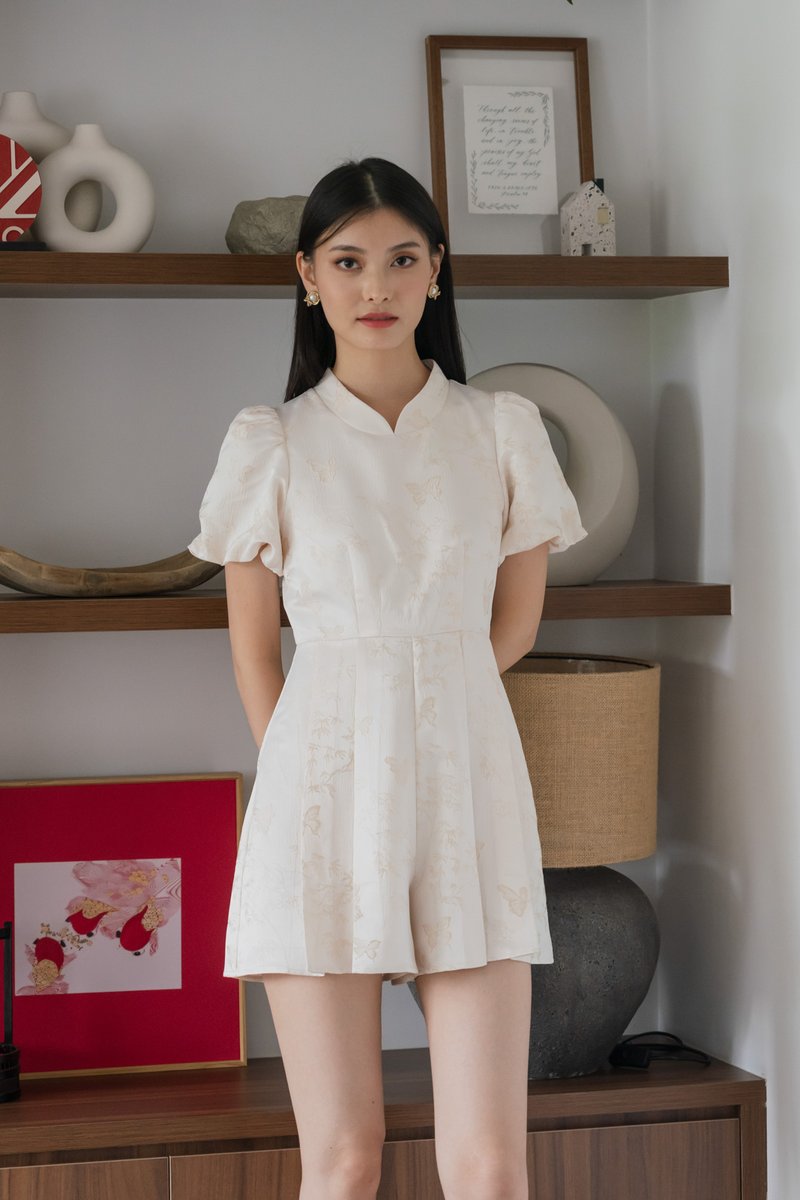 Xuan Jacquard Mandarin Romper In Champagne