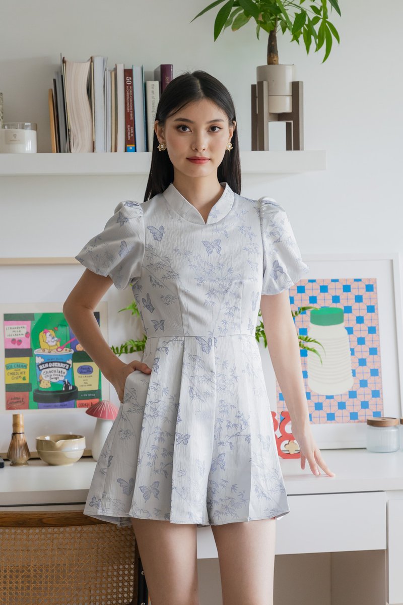 Xuan Jacquard Mandarin Romper In Lavender