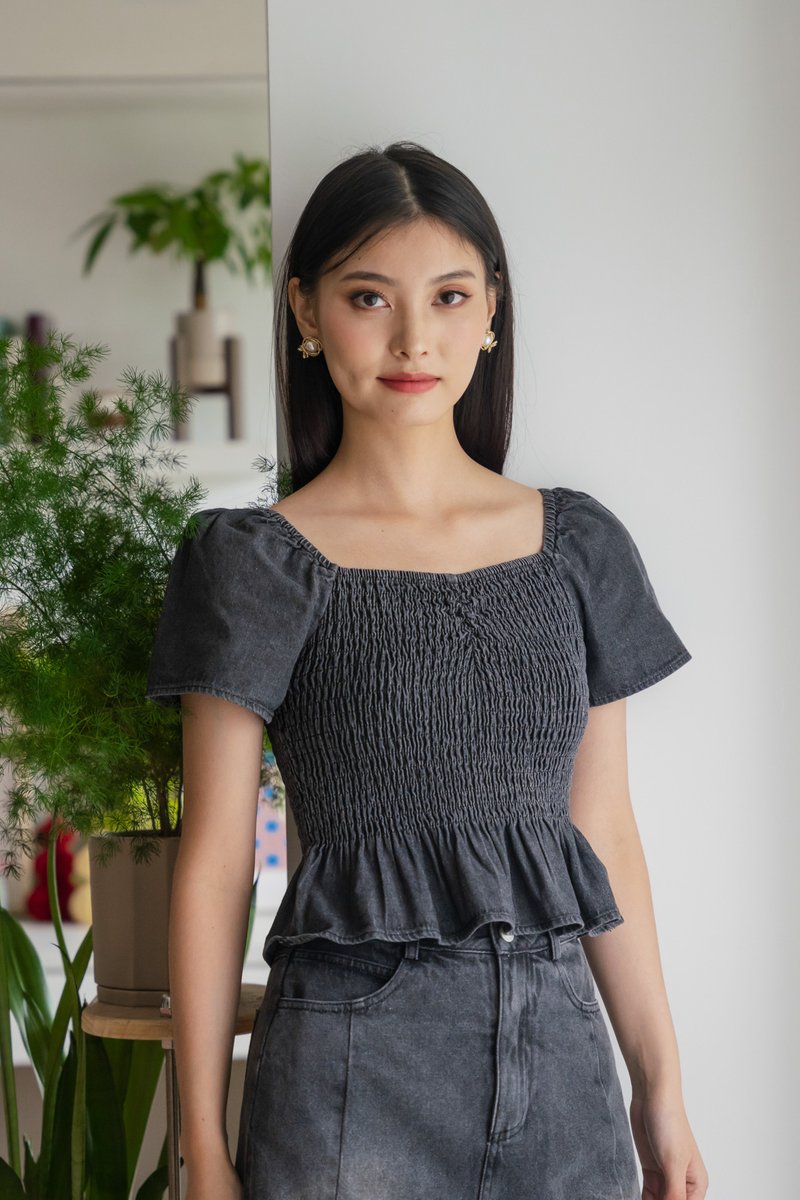 Hydra Smocked Denim Top In Stone Wash