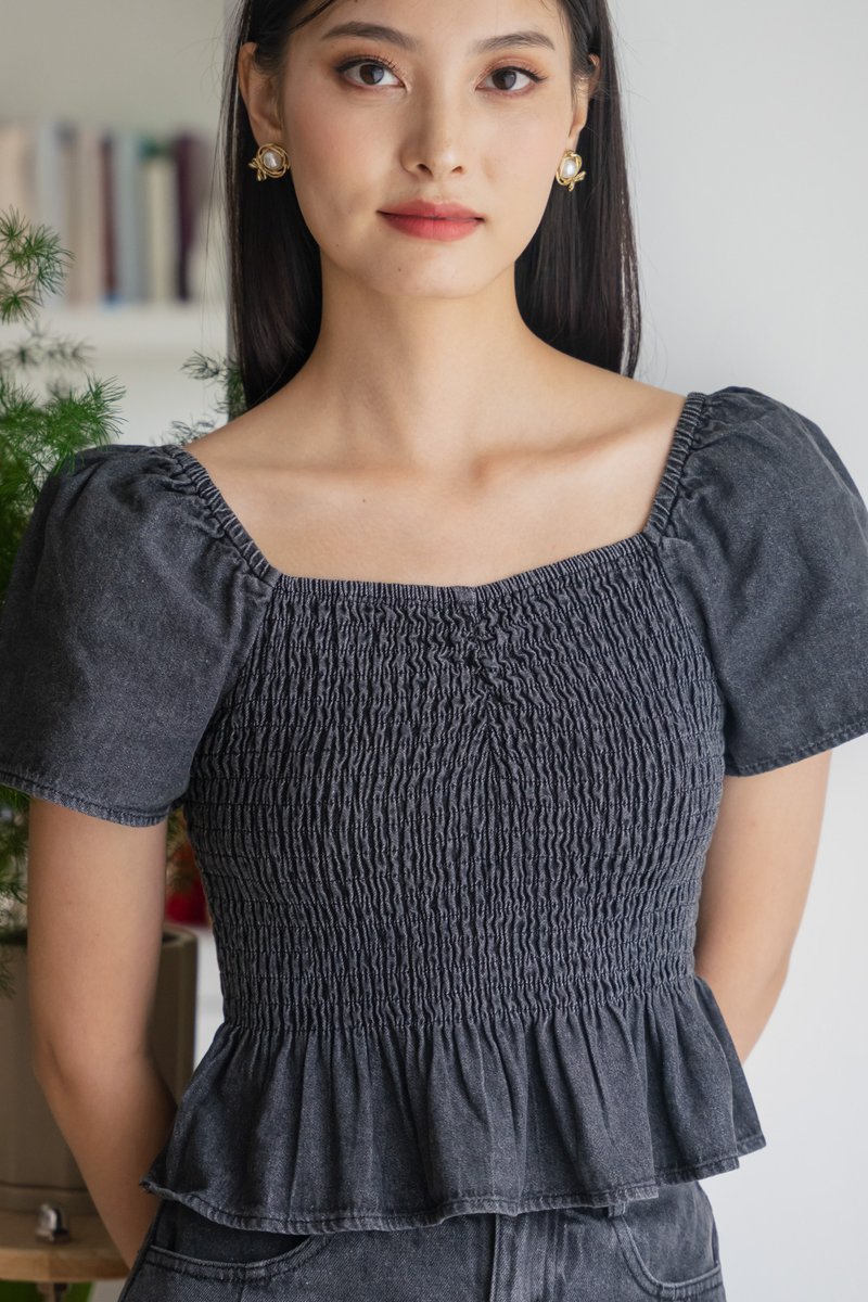 Hydra Smocked Denim Top In Stone Wash