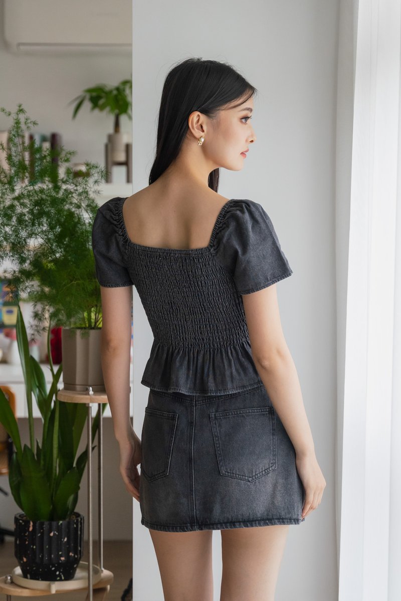 Hydra Smocked Denim Top In Stone Wash