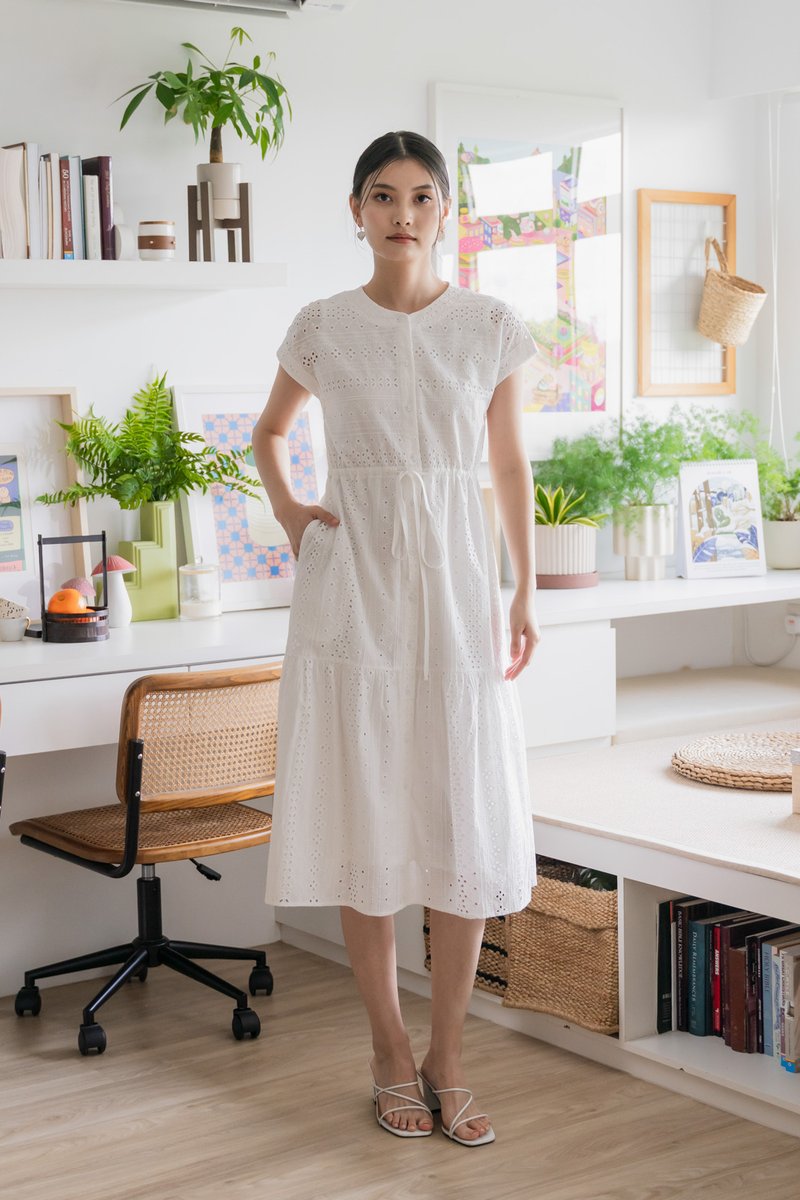 Calixa Eyelet Drawstring Buttons Midi Dress In White