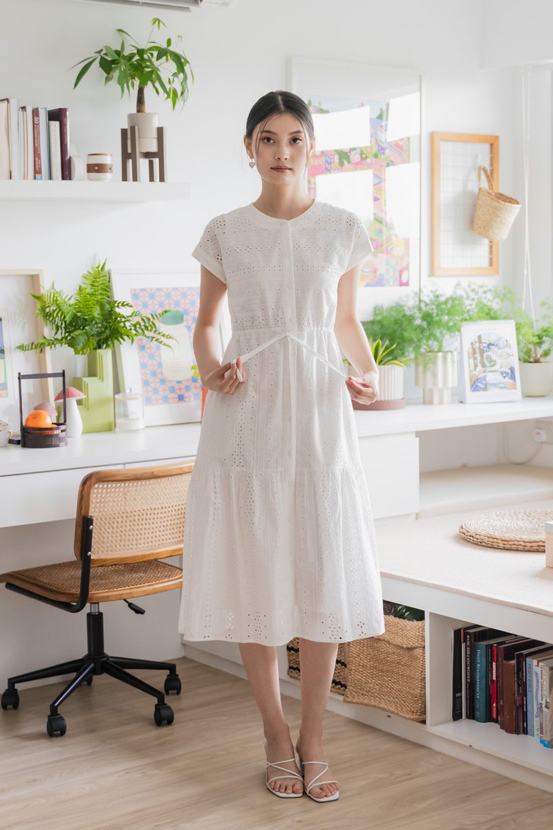 Calixa Eyelet Drawstring Buttons Midi Dress In White