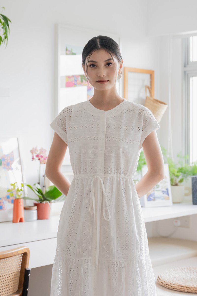 Calixa Eyelet Drawstring Buttons Midi Dress In White