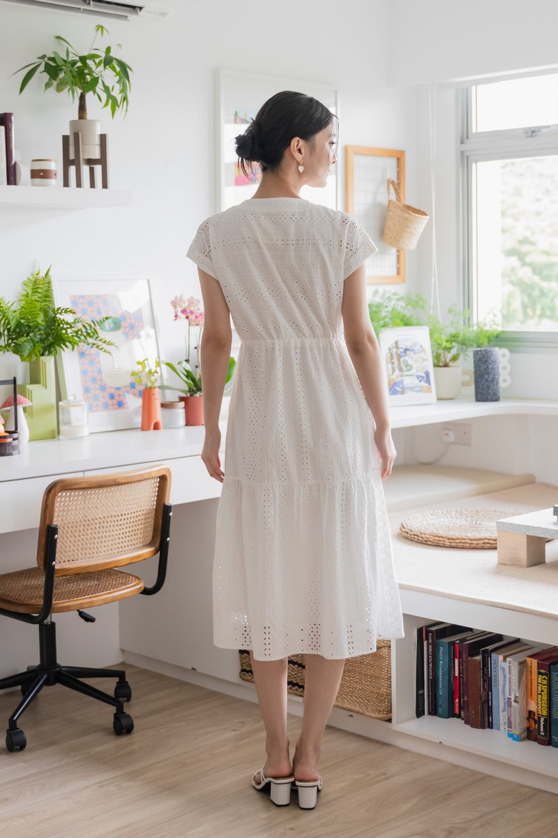 Calixa Eyelet Drawstring Buttons Midi Dress In White