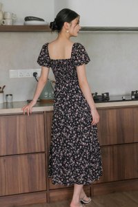 Florette Fleur Smocked Midi Dress In Black
