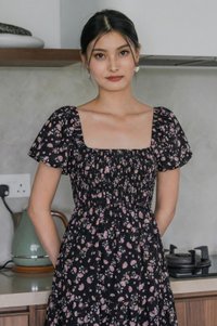 Florette Fleur Smocked Midi Dress In Black