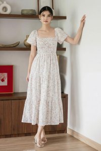 Florette Fleur Smocked Midi Dress In White