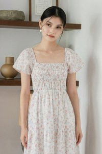 Florette Fleur Smocked Midi Dress In White