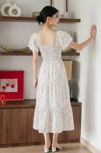 Florette Fleur Smocked Midi Dress In White