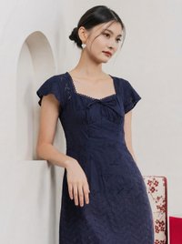 Amara Eyelet Ruched Midi Dress In Navy