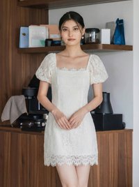 Qian Lace Puff Sleeves Dress In White