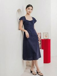 Amara Eyelet Ruched Midi Dress In Navy