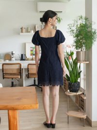Qian Lace Puff Sleeves Dress In Navy