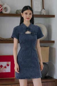 Quincy Denim Sleeved Qipao Dress in Dark Wash