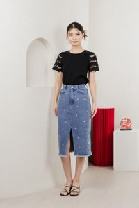 Aldith Cotton Eyelet Sleeve Top In Black