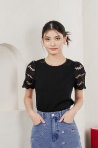 Aldith Cotton Eyelet Sleeve Top In Black