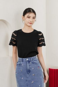 Aldith Cotton Eyelet Sleeve Top In Black