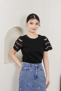 Aldith Cotton Eyelet Sleeve Top In Black