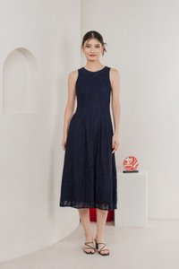 Fortress Lace Panelled Midi Dress In Navy