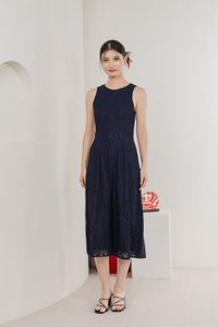 Fortress Lace Panelled Midi Dress In Navy